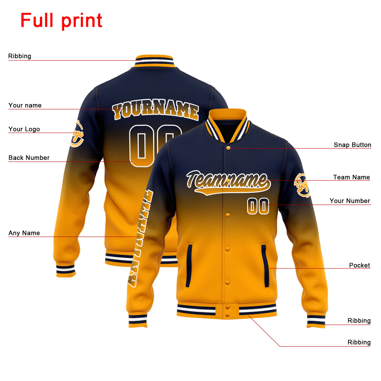 Custom Navy Orange Gradient Varsity Jacket for Men Women and Youth with Personalized Letterman Jacket 