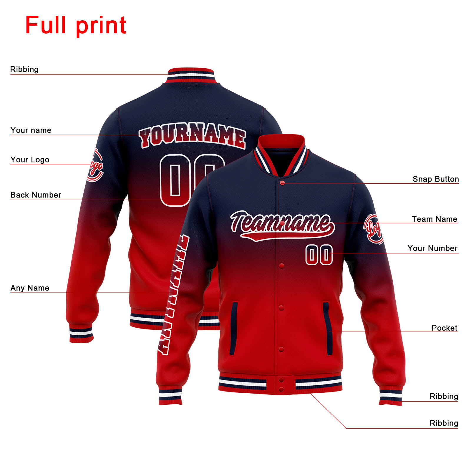 Custom Navy Red Gradient Varsity Jacket for Men Women and Youth with Personalized Letterman Jacket 