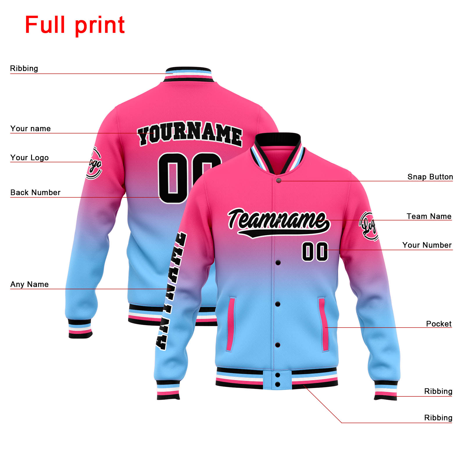 Custom Pink Light Blue Gradient Varsity Jacket for Men Women and Youth with Personalized Letterman Jacket 