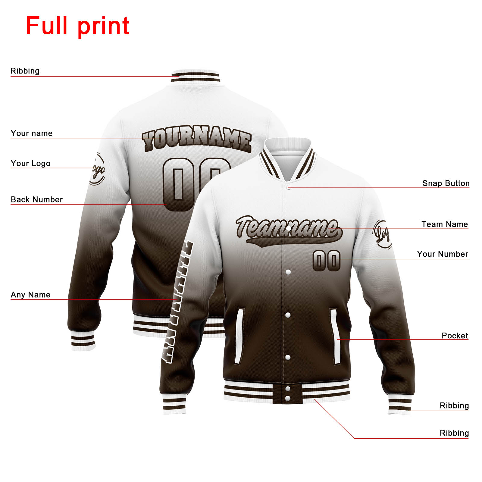Custom White Brown Gradient Varsity Jacket for Men Women and Youth with Personalized Letterman Jacket 