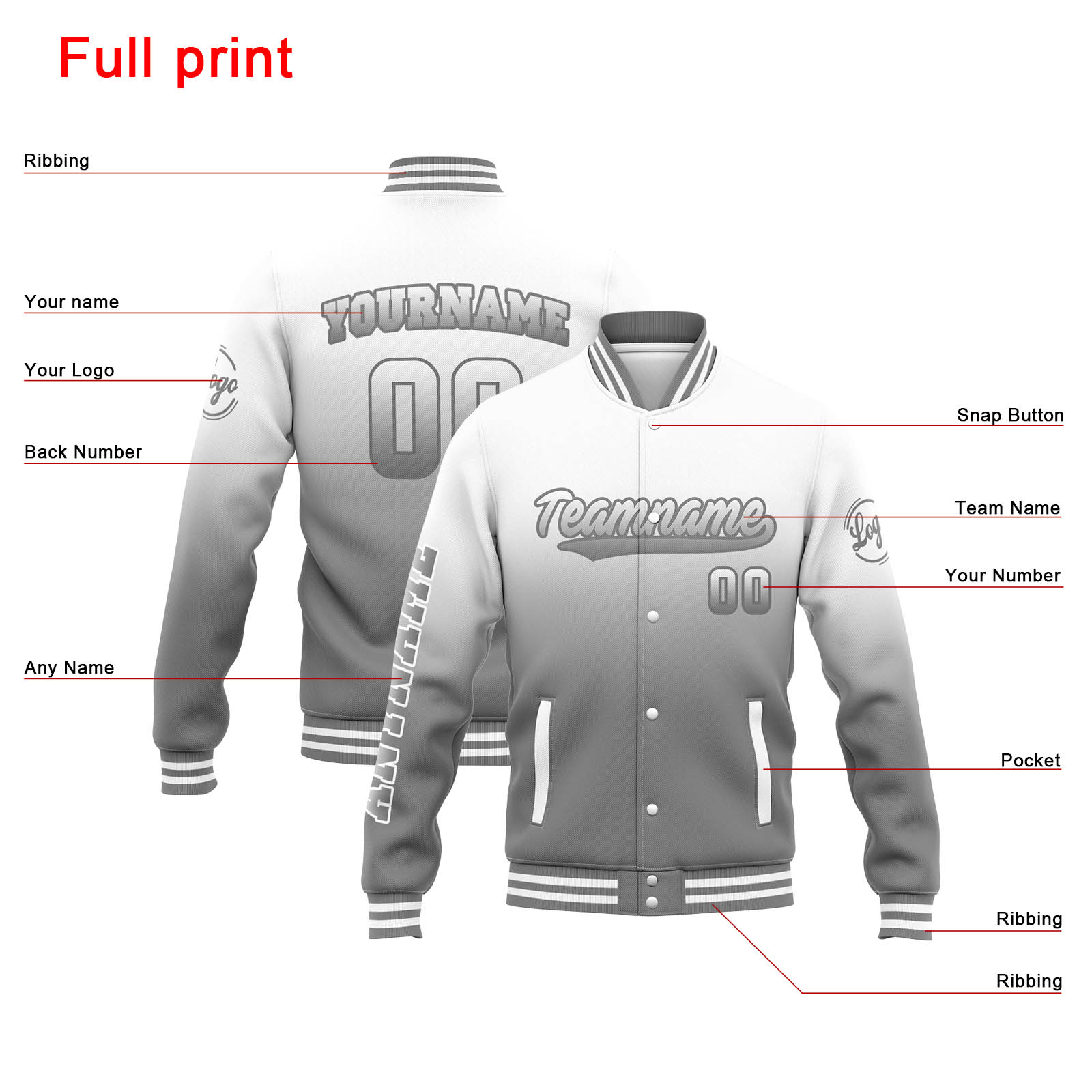 Custom White Grey Gradient Varsity Jacket for Men Women and Youth with Personalized Letterman Jacket 