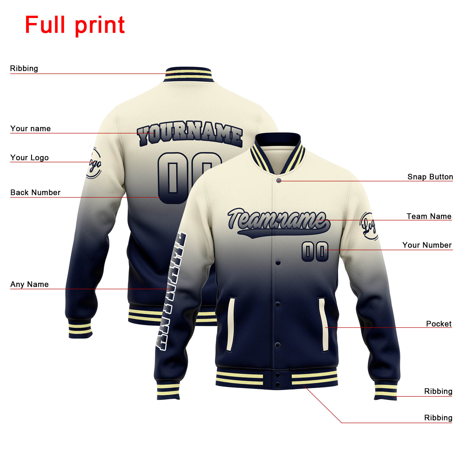 Custom Cream Navy Gradient Varsity Jacket for Men Women and Youth with Personalized Letterman Jacket 