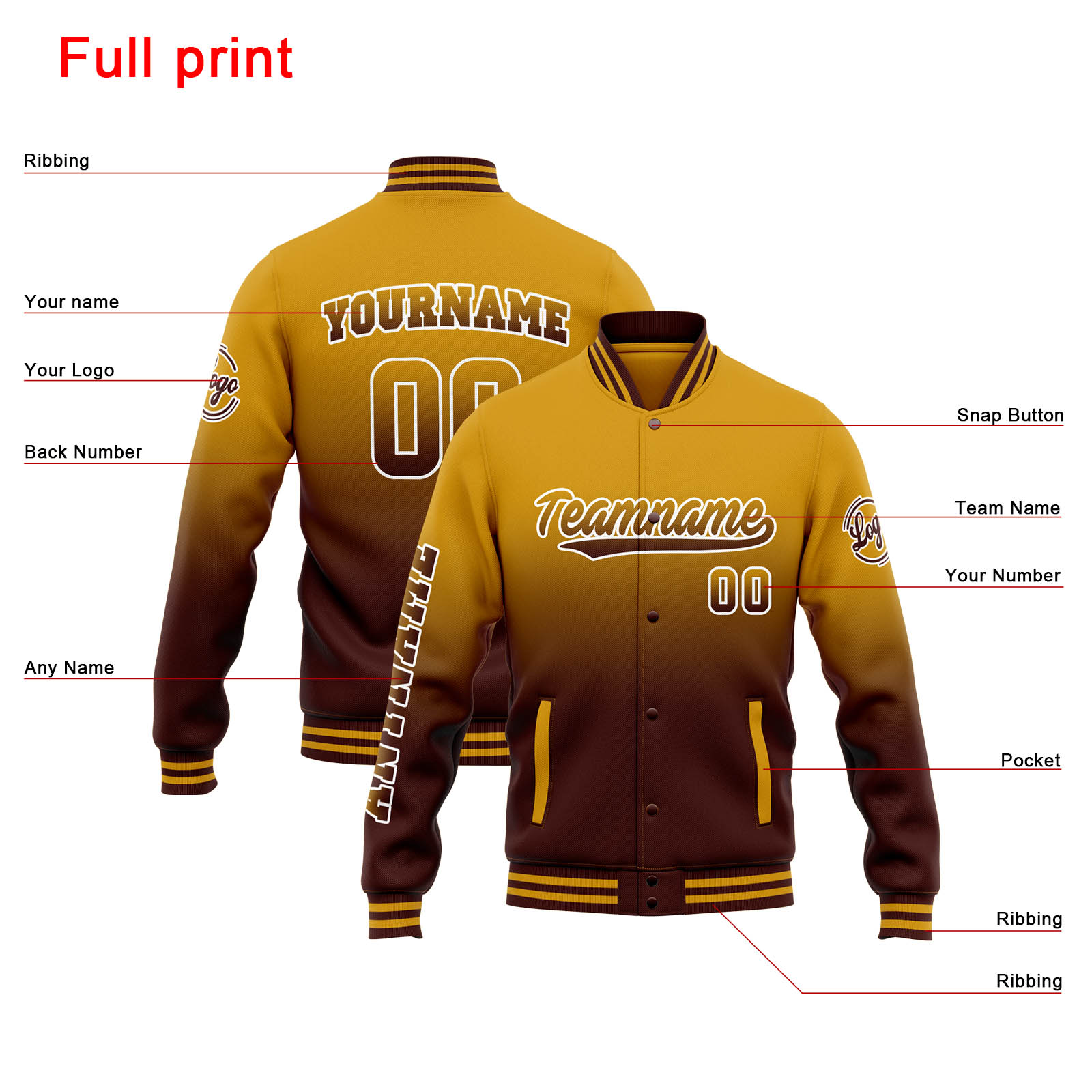 Custom Gold Burgundy Gradient Varsity Jacket for Men Women and Youth with Personalized Letterman Jacket 