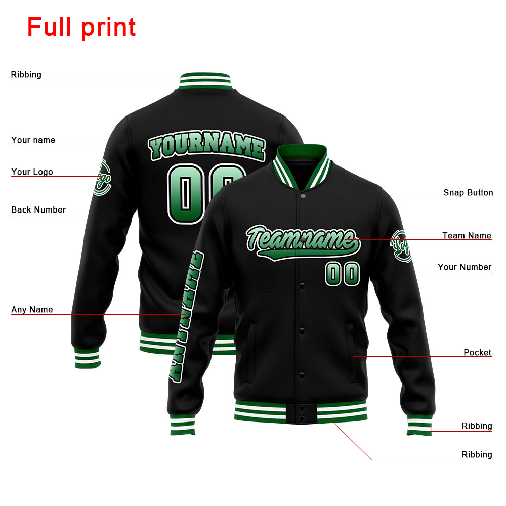 Custom Green Black White Varsity Jacket for Men Women and Youth with Personalized Letterman Jacket 