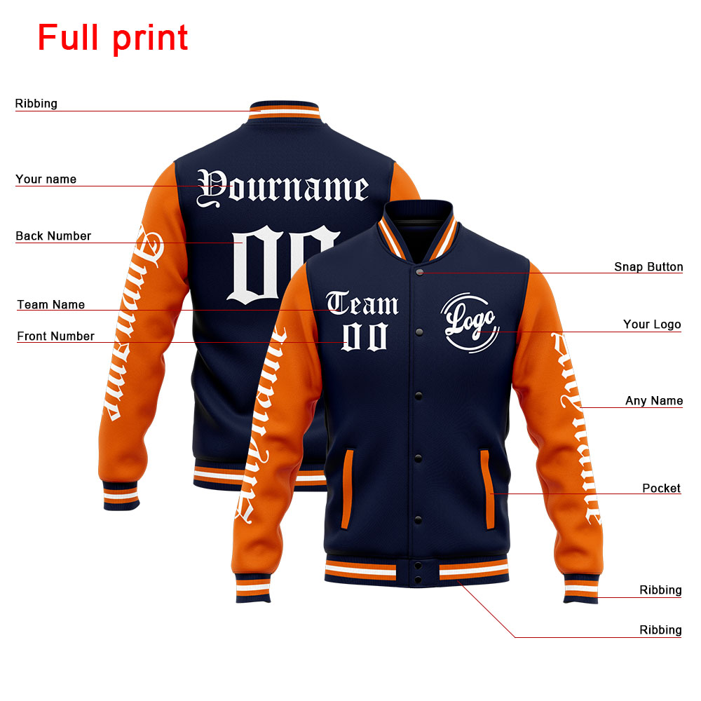 Custom Navy Orange Varsity Jacket for Men Women and Youth with Personalized Letterman Jacket 