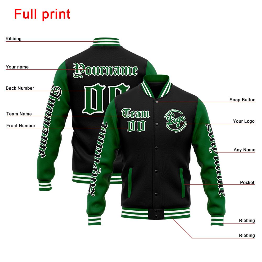Custom Green Black Varsity Jacket for Men Women and Youth with Personalized Letterman Jacket 