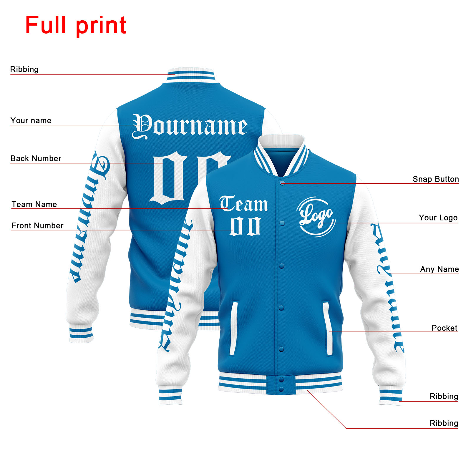 Custom Blue White Varsity Jacket for Men Women and Youth with Personalized Letterman Jacket 