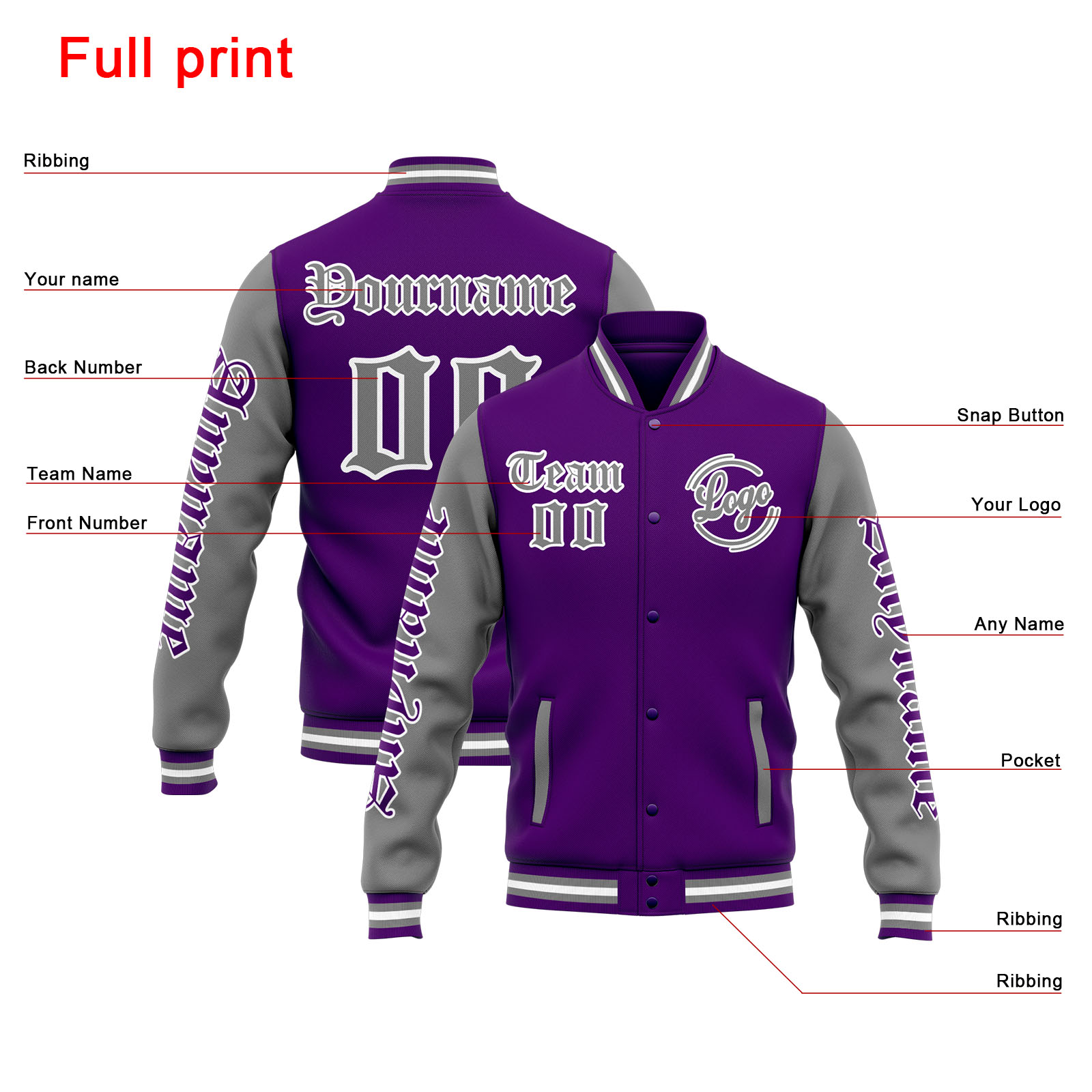 Custom Purple Grey Varsity Jacket for Men Women and Youth with Personalized Letterman Jacket 