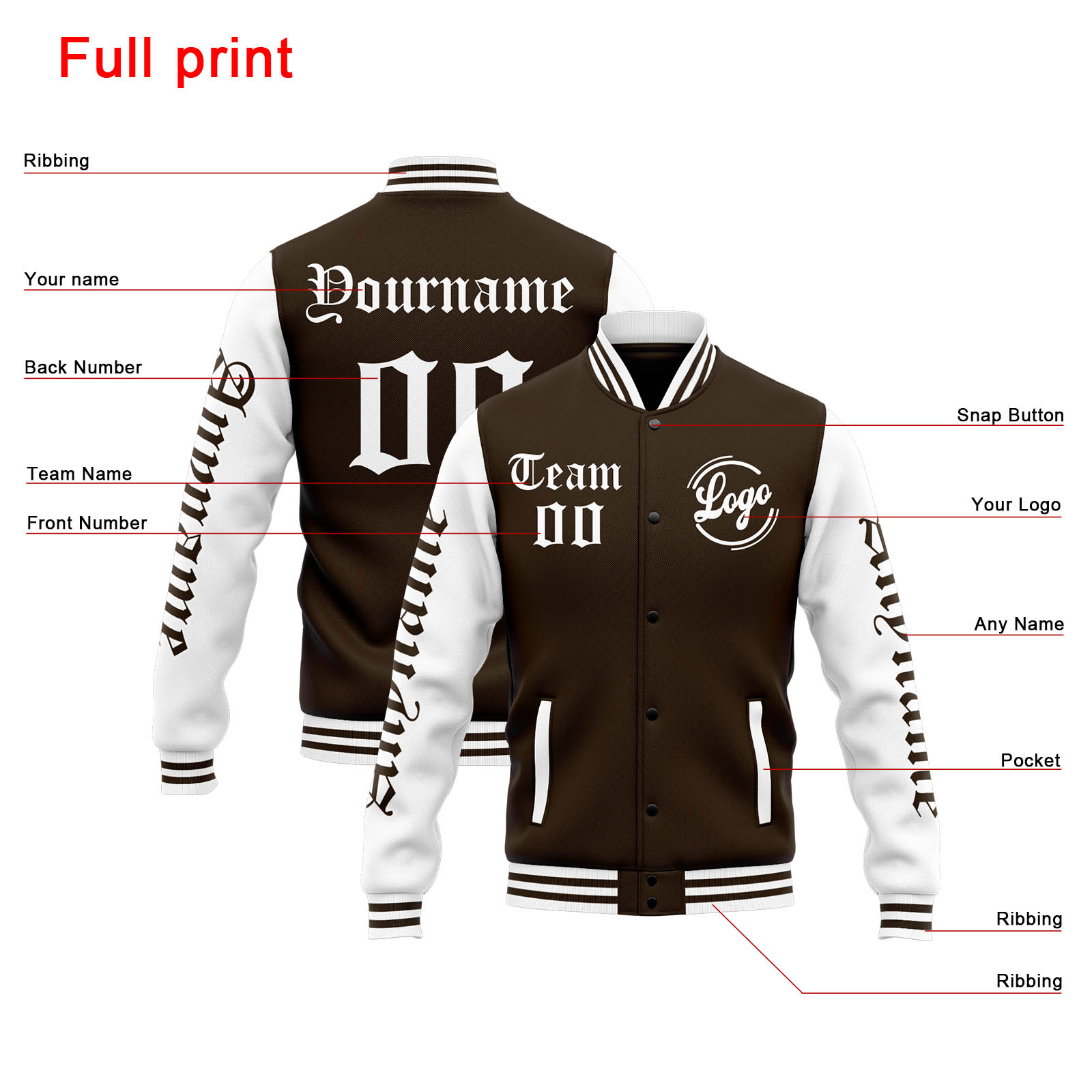 Custom Brown White Varsity Jacket for Men Women and Youth with Personalized Letterman Jacket 
