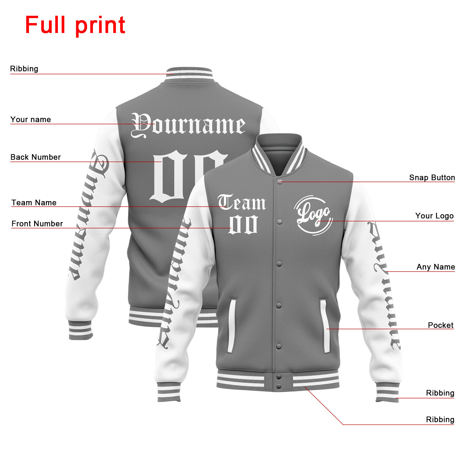Custom Grey White Varsity Jacket for Men Women and Youth with Personalized Letterman Jacket 
