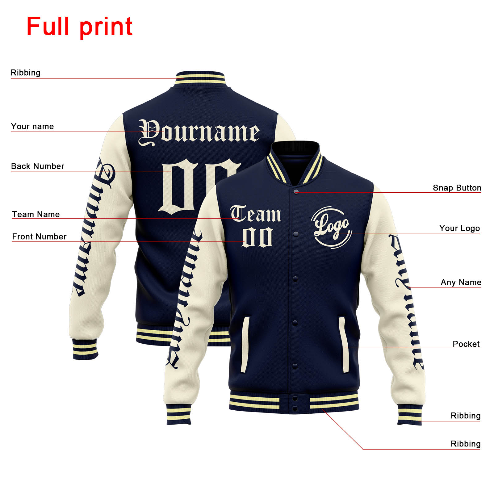 Custom Navy Cream Varsity Jacket for Men Women and Youth with Personalized Letterman Jacket 