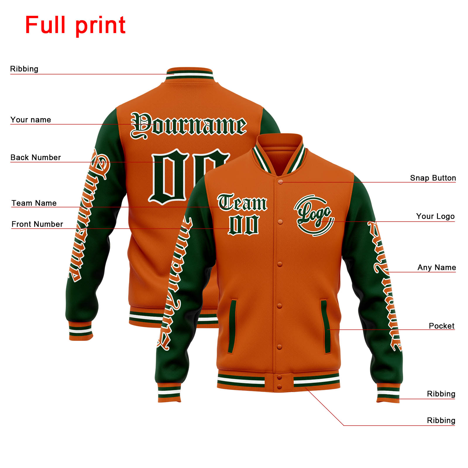 Custom Orange Dark Green Varsity Jacket for Men Women and Youth with Personalized Letterman Jacket 