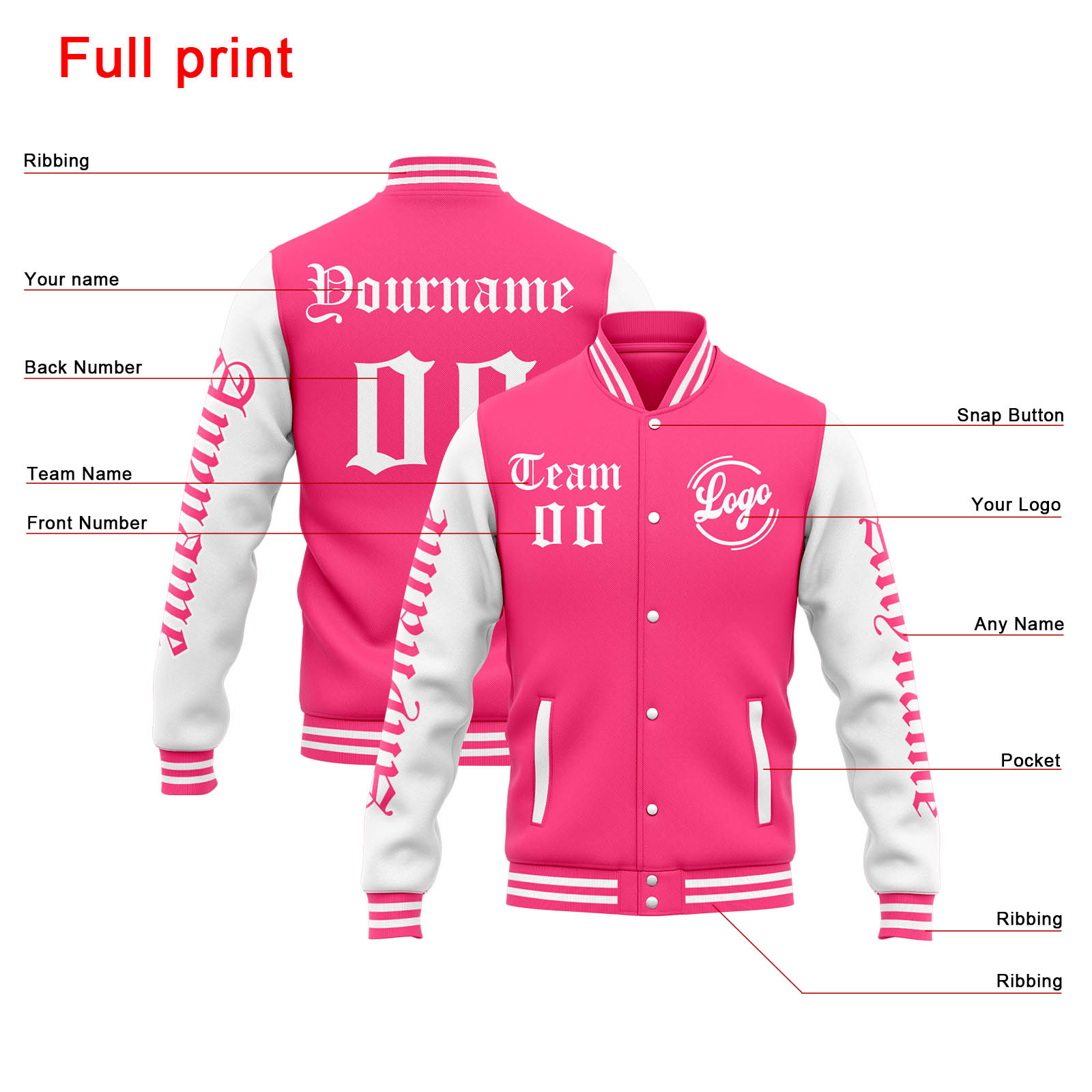 Custom Pink White Varsity Jacket for Men Women and Youth with Personalized Letterman Jacket 