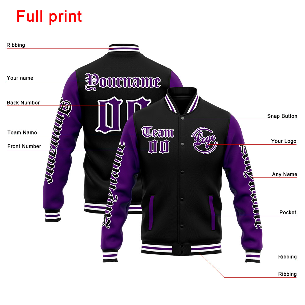 Custom Purple Black Varsity Jacket for Men Women and Youth with Personalized Letterman Jacket 
