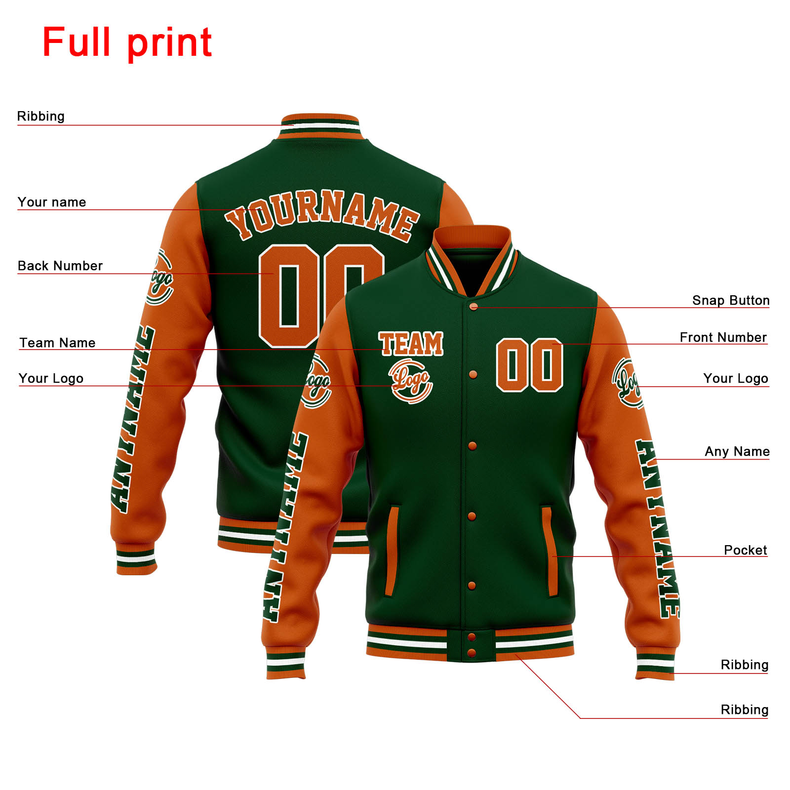 Custom Drak Green Orange Varsity Jacket for Men Women and Youth with Personalized Letterman Jacket 