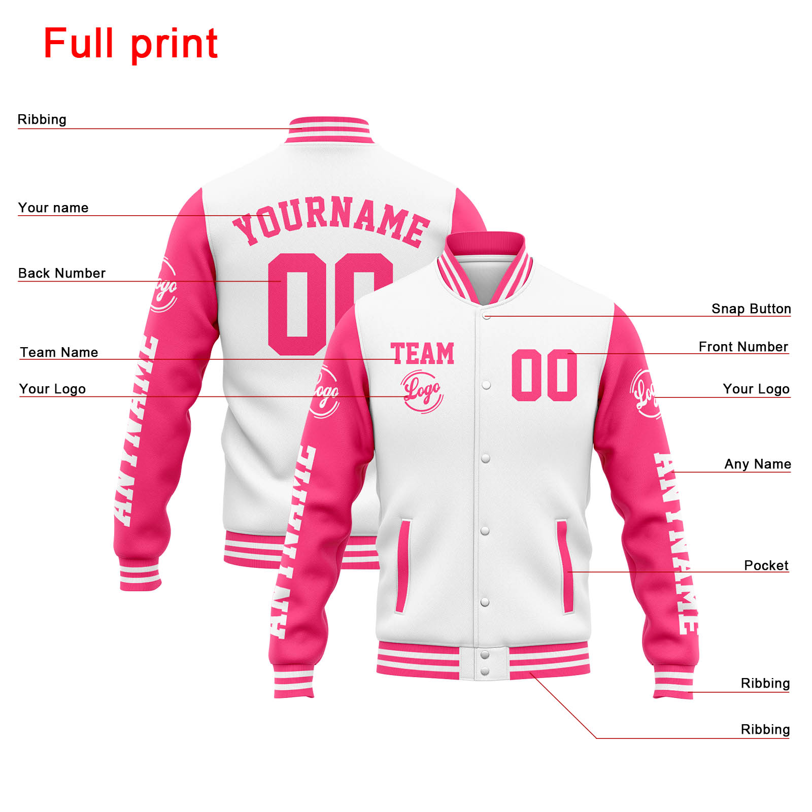 Custom White Pink Varsity Jacket for Men Women and Youth with Personalized Letterman Jacket 