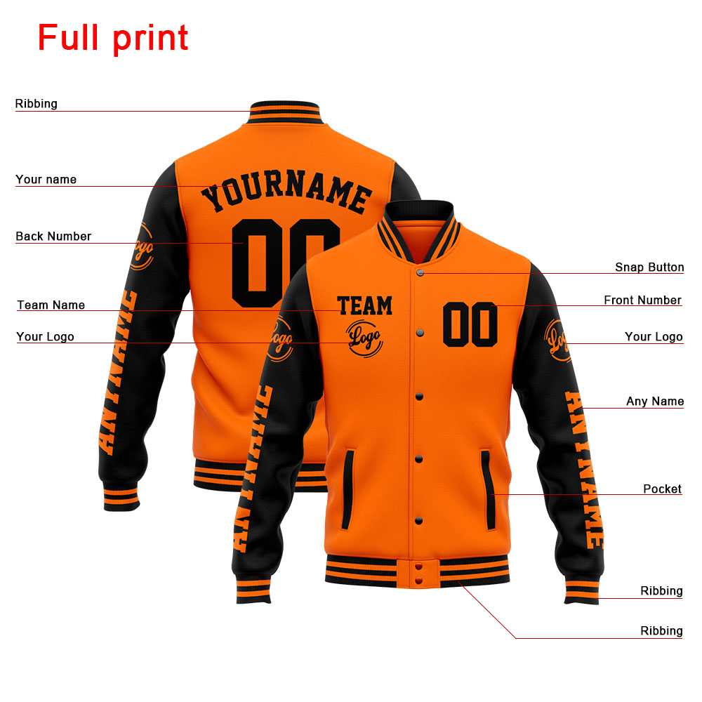 Custom Orange Black Varsity Jacket for Men Women and Youth with Personalized Letterman Jacket 