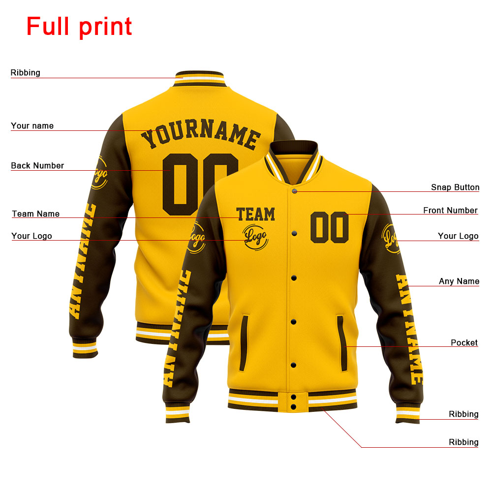 Custom Brown Yellow Varsity Jacket for Men Women and Youth with Personalized Letterman Jacket 