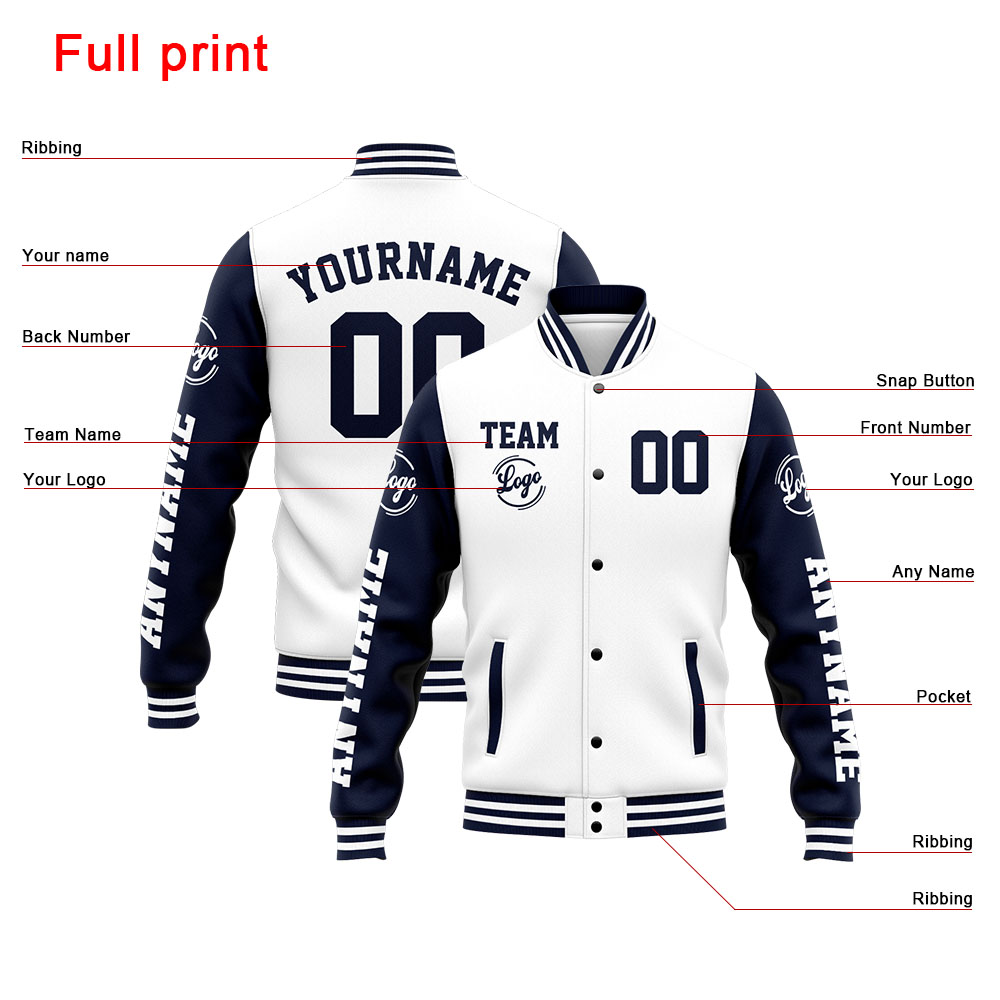 Custom Navy White Varsity Jacket for Men Women and Youth with Personalized Letterman Jacket 
