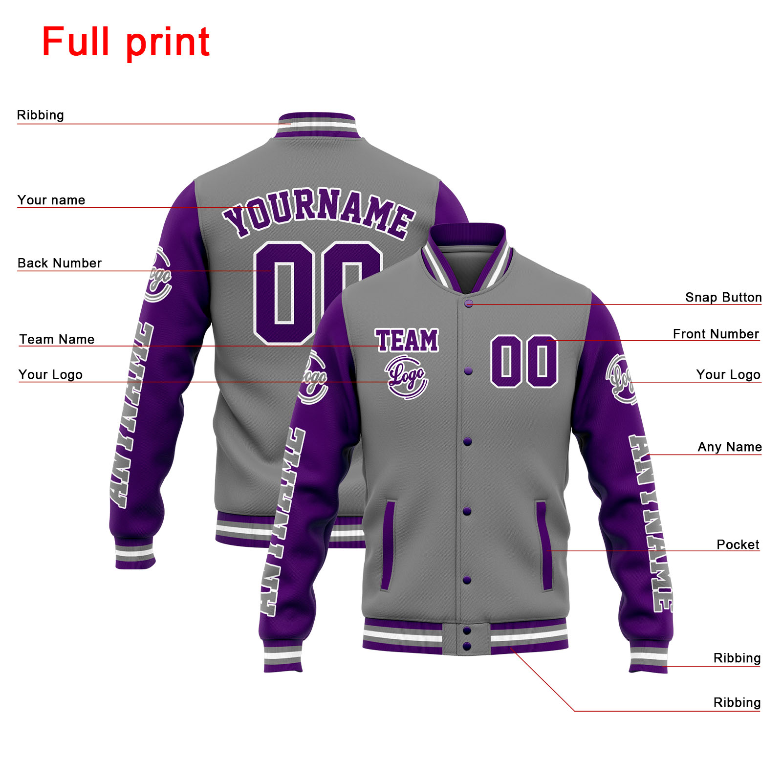 Custom Grey Purple Varsity Jacket for Men Women and Youth with Personalized Letterman Jacket 