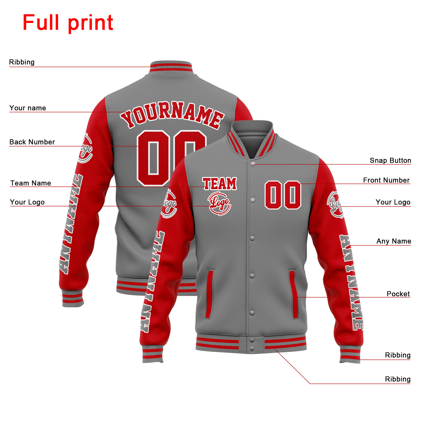 Custom Grey Red Varsity Jacket for Men Women and Youth with Personalized Letterman Jacket 