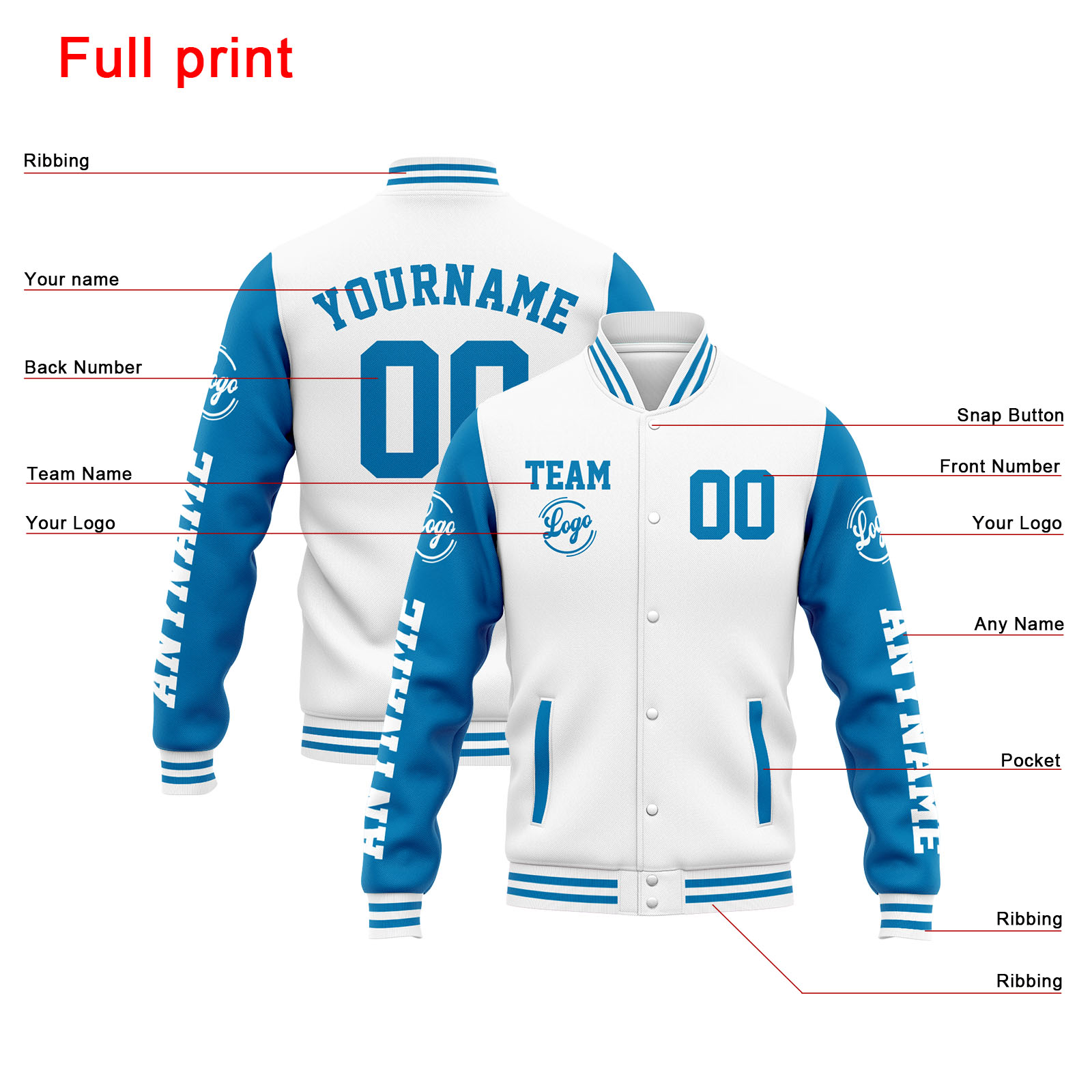 Custom White Blue Varsity Jacket for Men Women and Youth with Personalized Letterman Jacket 