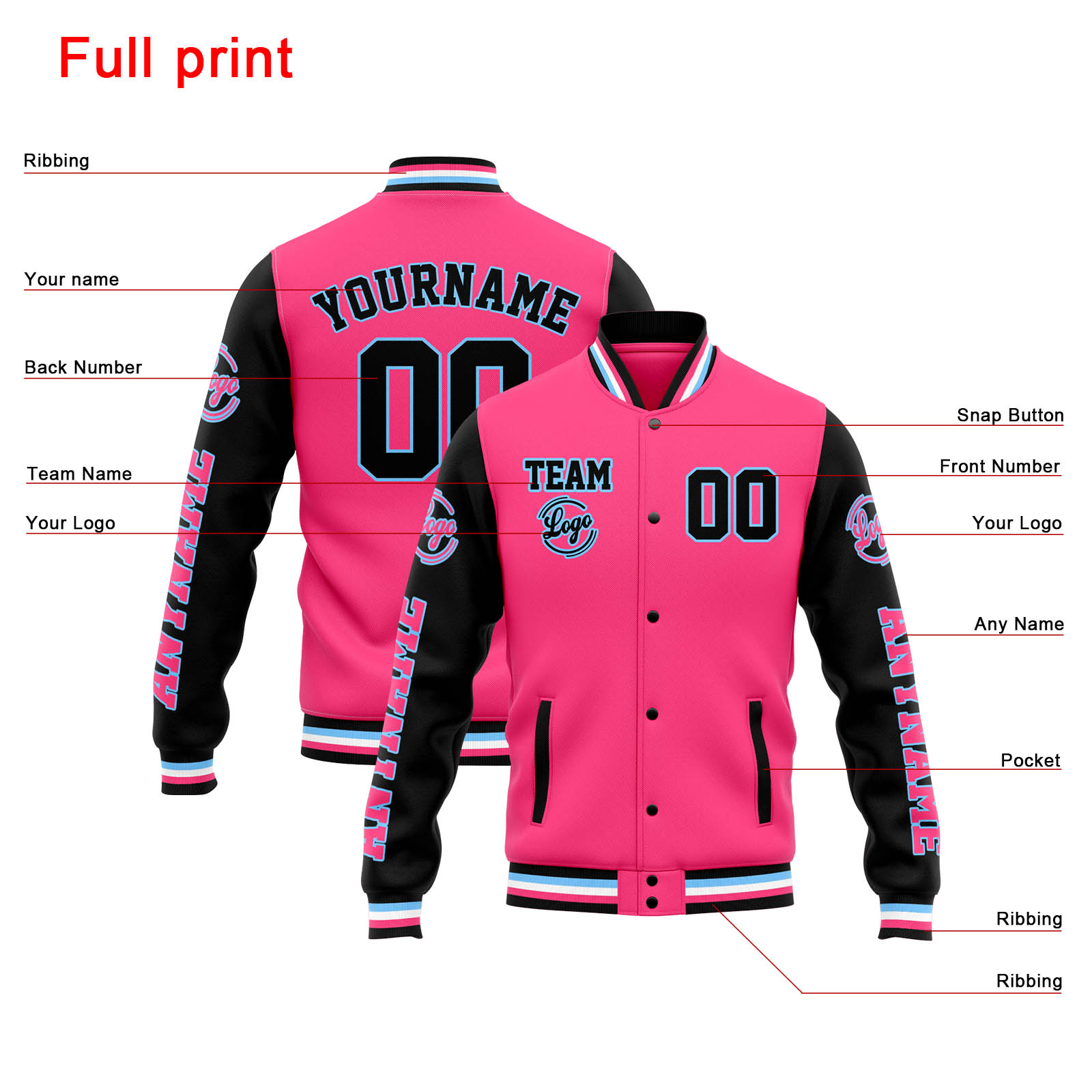 Custom Pink Black Varsity Jacket for Men Women and Youth with Personalized Letterman Jacket 