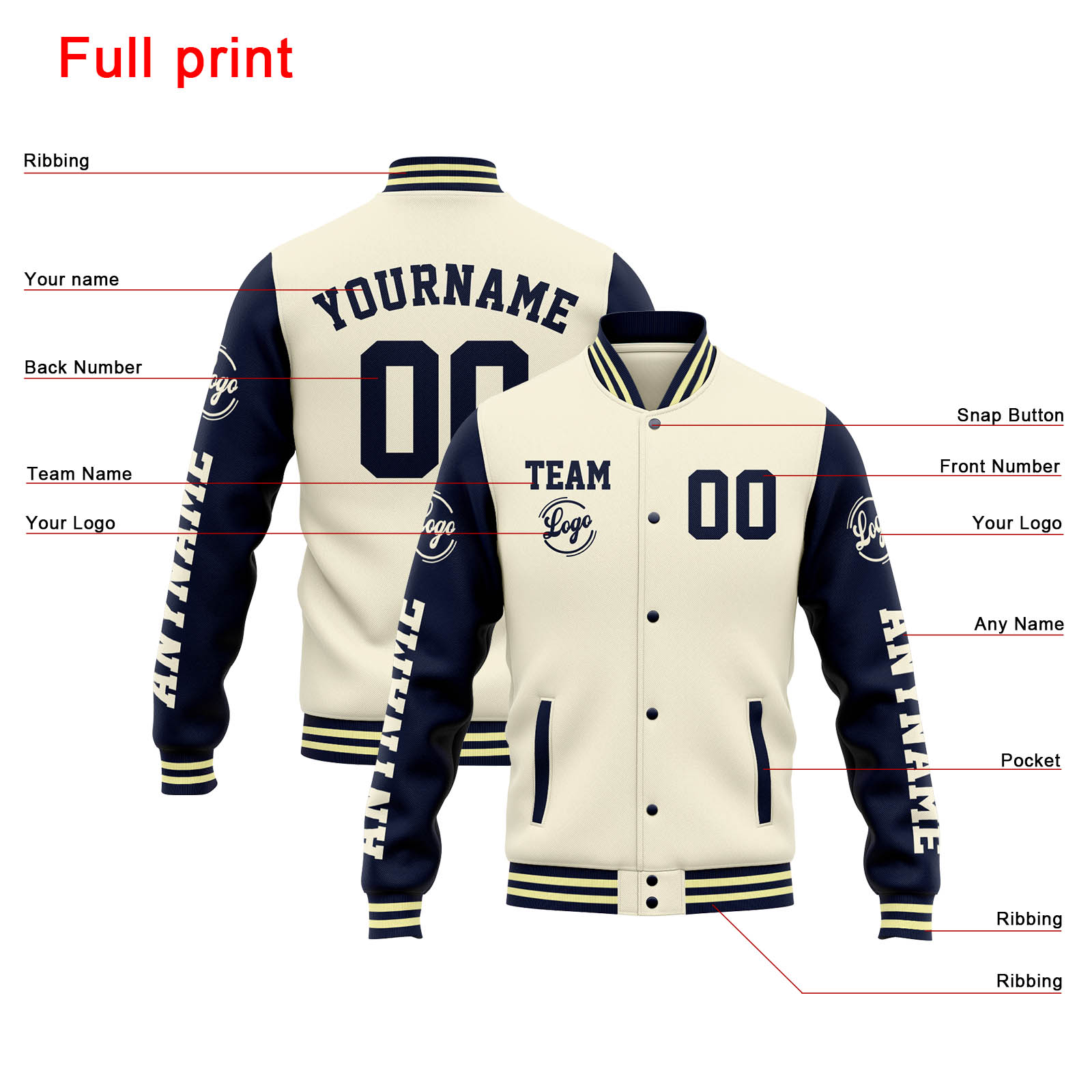 Custom Cream Navy Varsity Jacket for Men Women and Youth with Personalized Letterman Jacket 