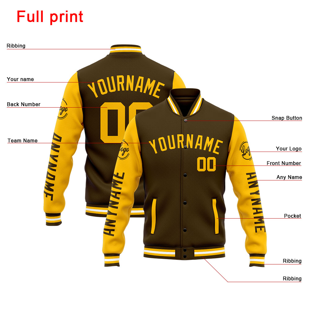 Custom Brown Yellow Varsity Jacket for Men Women and Youth with Personalized Letterman Jacket 