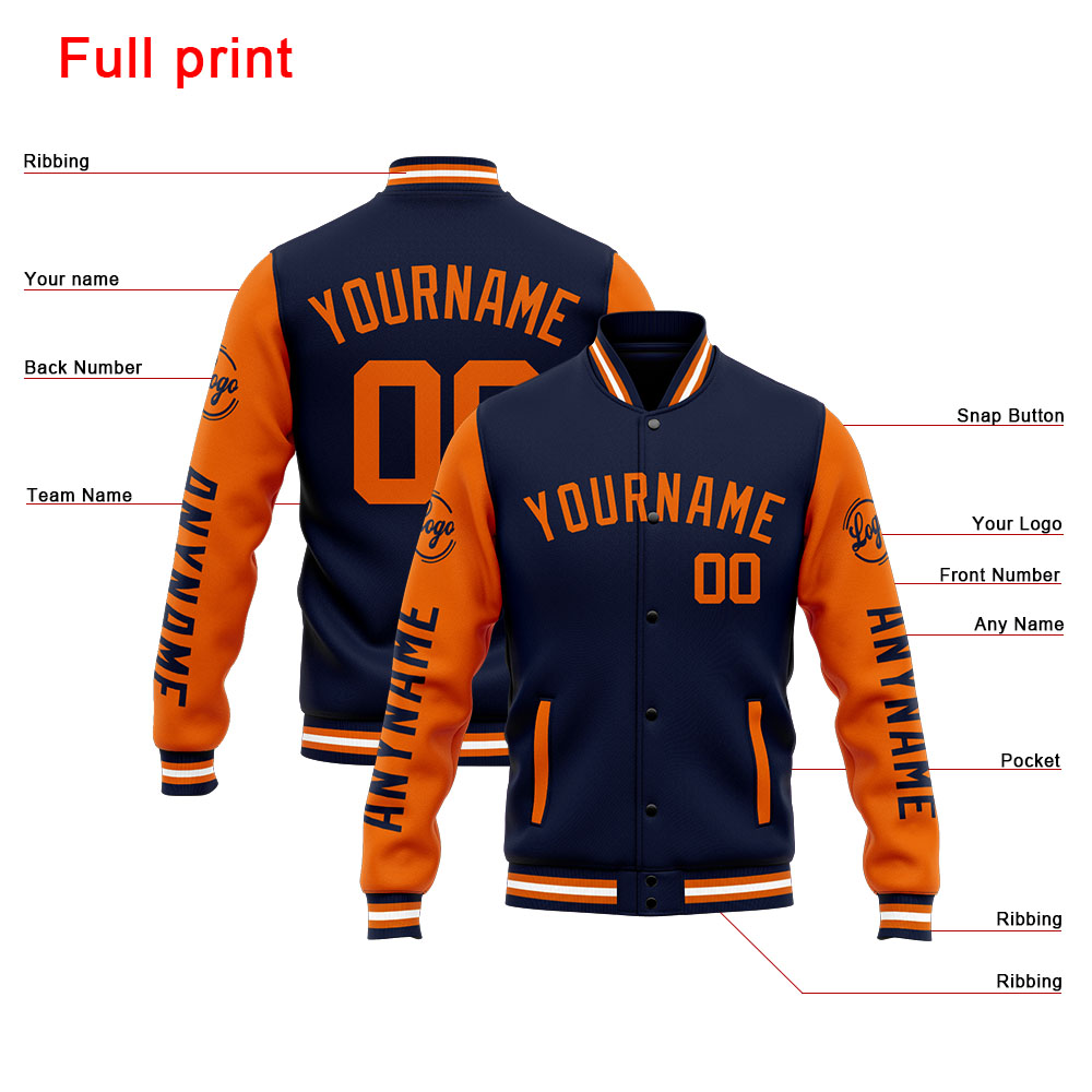 Custom Navy Orange Varsity Jacket for Men Women and Youth with Personalized Letterman Jacket 
