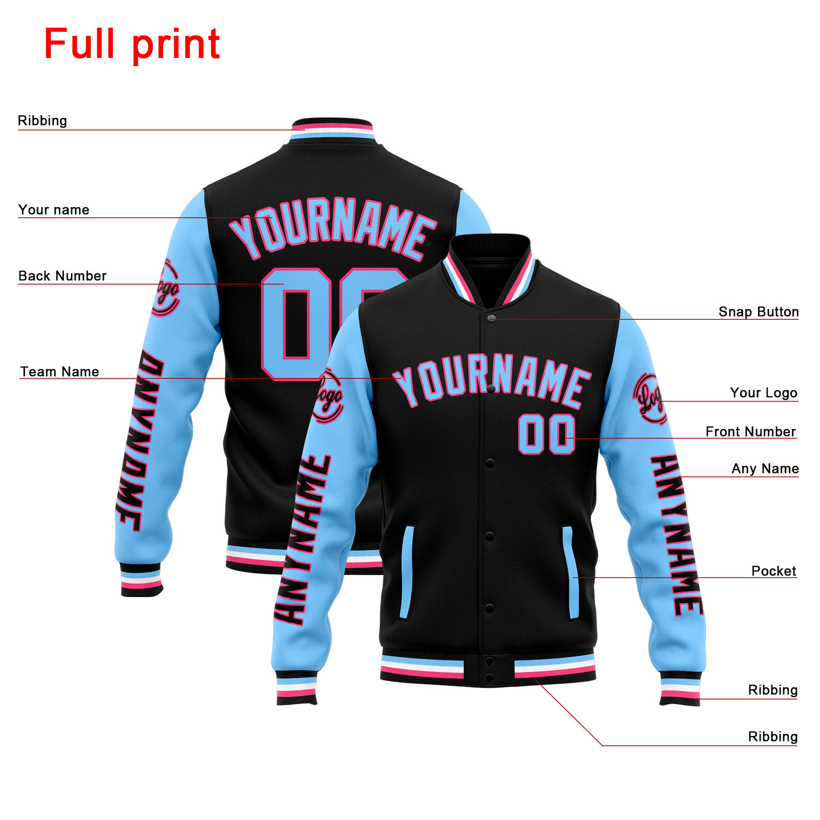 Custom Black Light Blue Varsity Jacket for Men Women and Youth with Personalized Letterman Jacket 