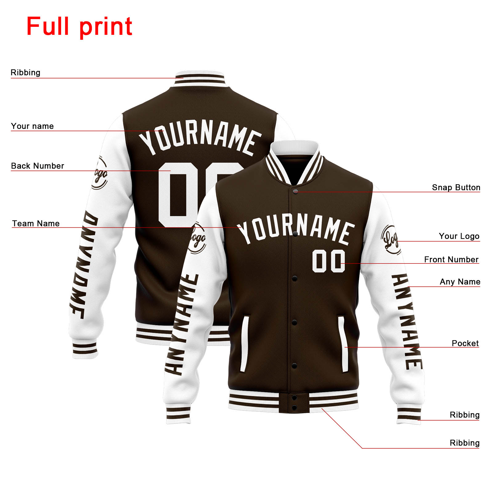 Custom Brown White Varsity Jacket for Men Women and Youth with Personalized Letterman Jacket 