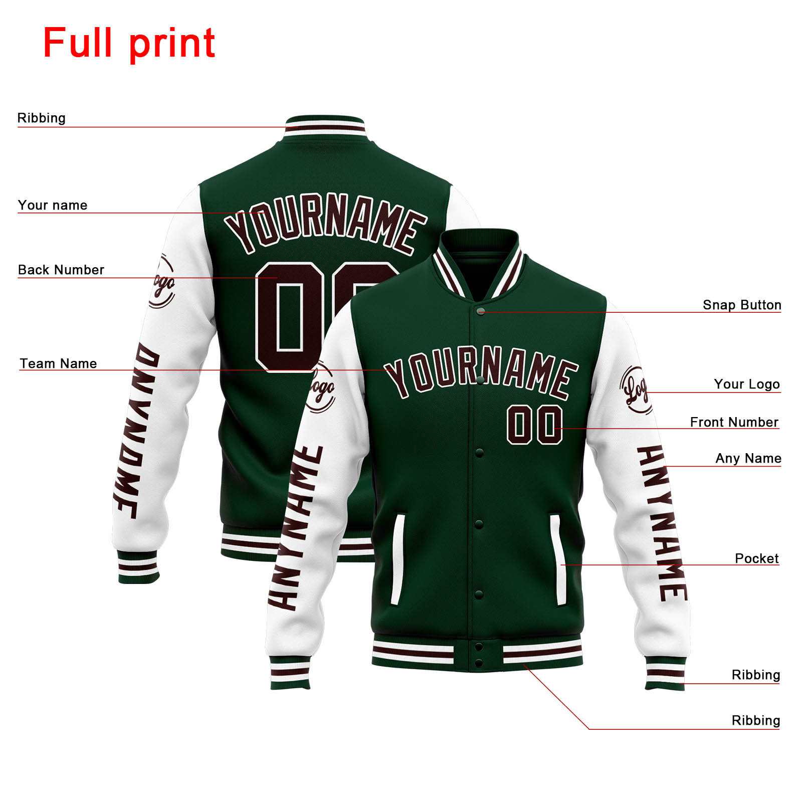 Custom Green White Varsity Jacket for Men Women and Youth with Personalized Letterman Jacket 
