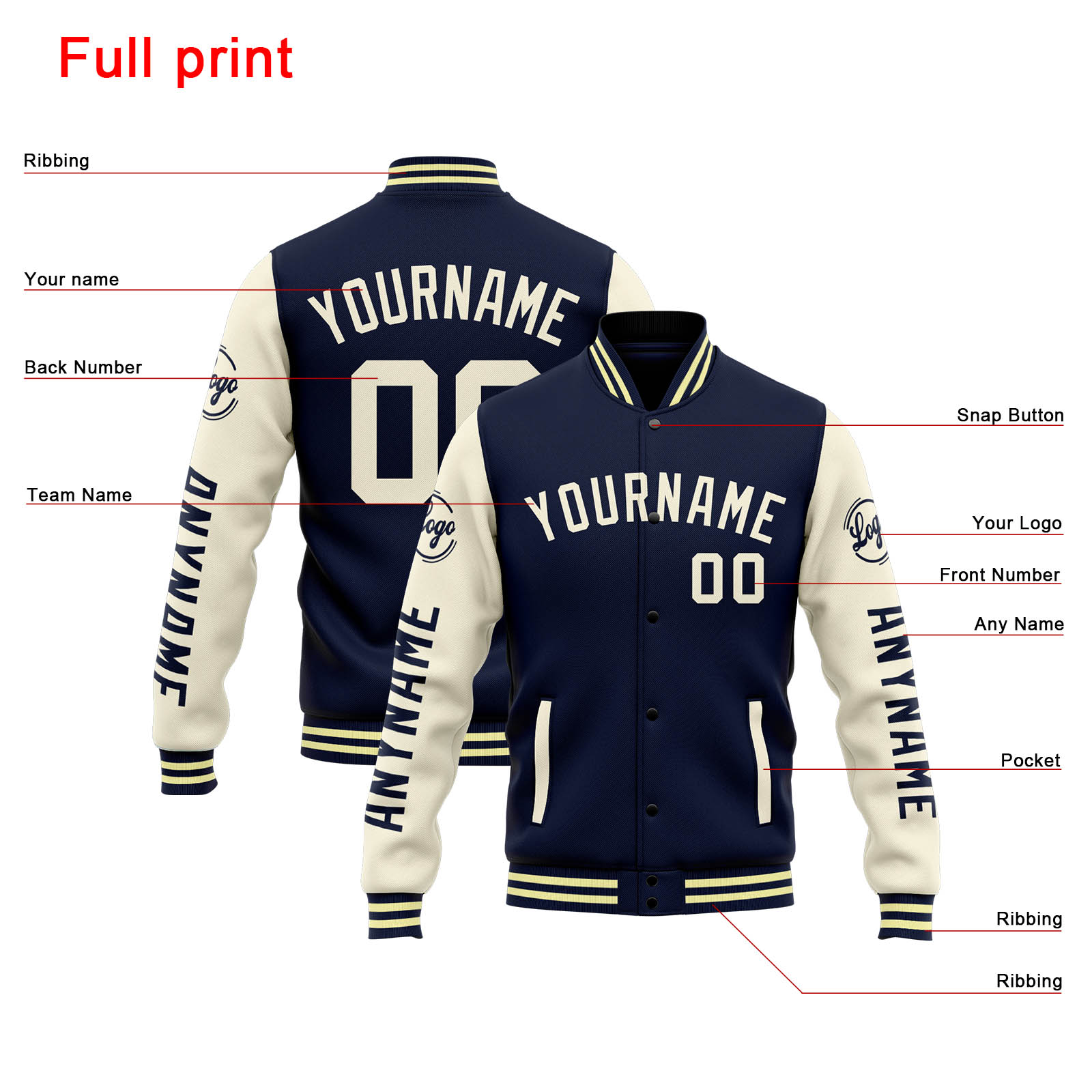 Custom Navy Cream Varsity Jacket for Men Women and Youth with Personalized Letterman Jacket 