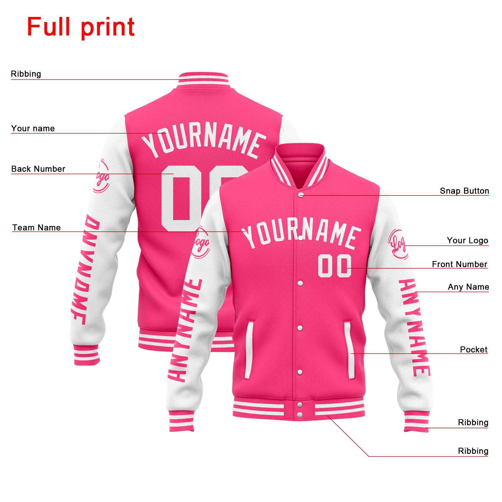 Custom Pink White Varsity Jacket for Men Women and Youth with Personalized Letterman Jacket 