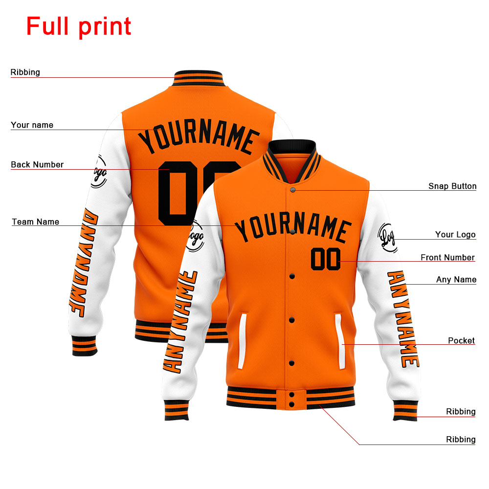 Custom Orange White Varsity Jacket for Men Women and Youth with Personalized Letterman Jacket 