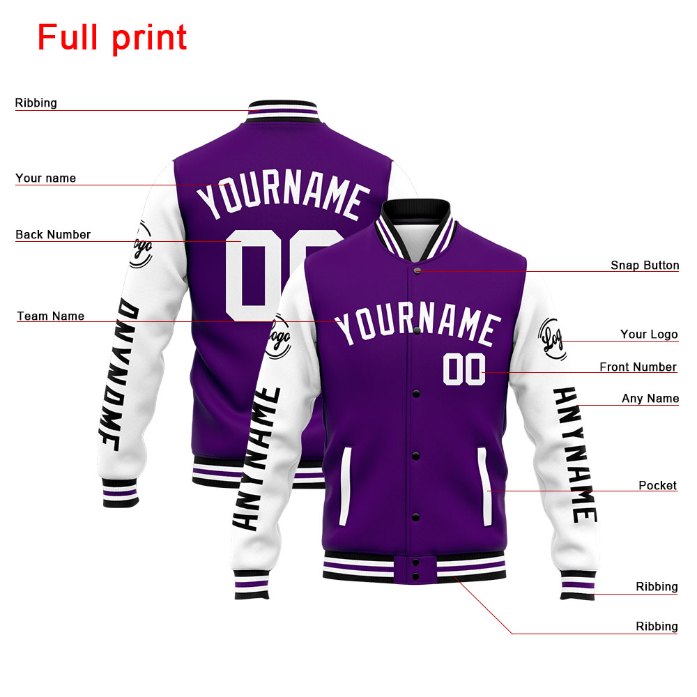 Custom Purple White Varsity Jacket for Men Women and Youth with Personalized Letterman Jacket 