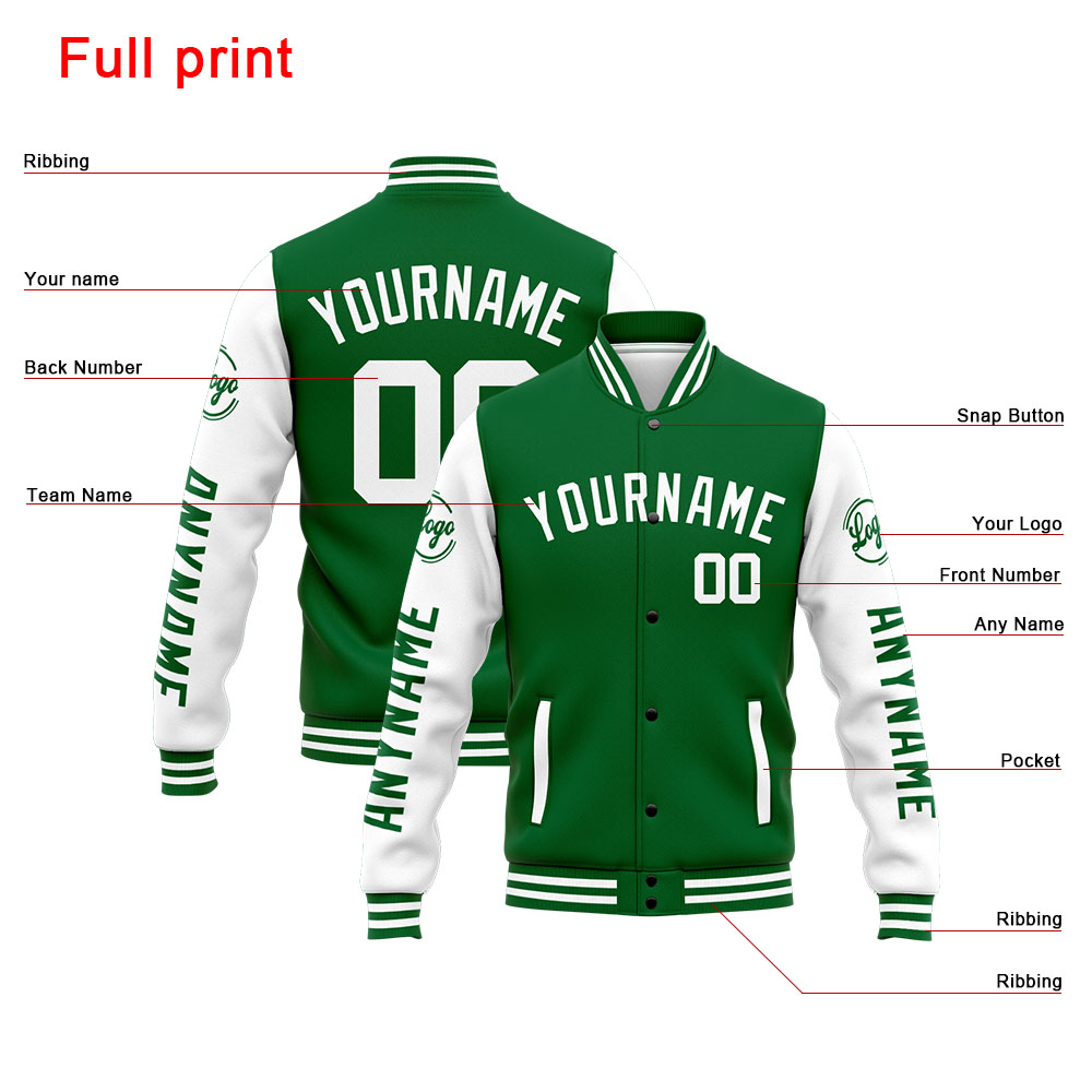 Custom Green White Varsity Jacket for Men Women and Youth with Personalized Letterman Jacket 