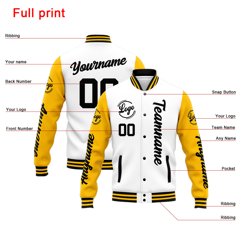 Custom Yellow White Varsity Jacket for Men Women and Youth with Personalized Letterman Jacket 