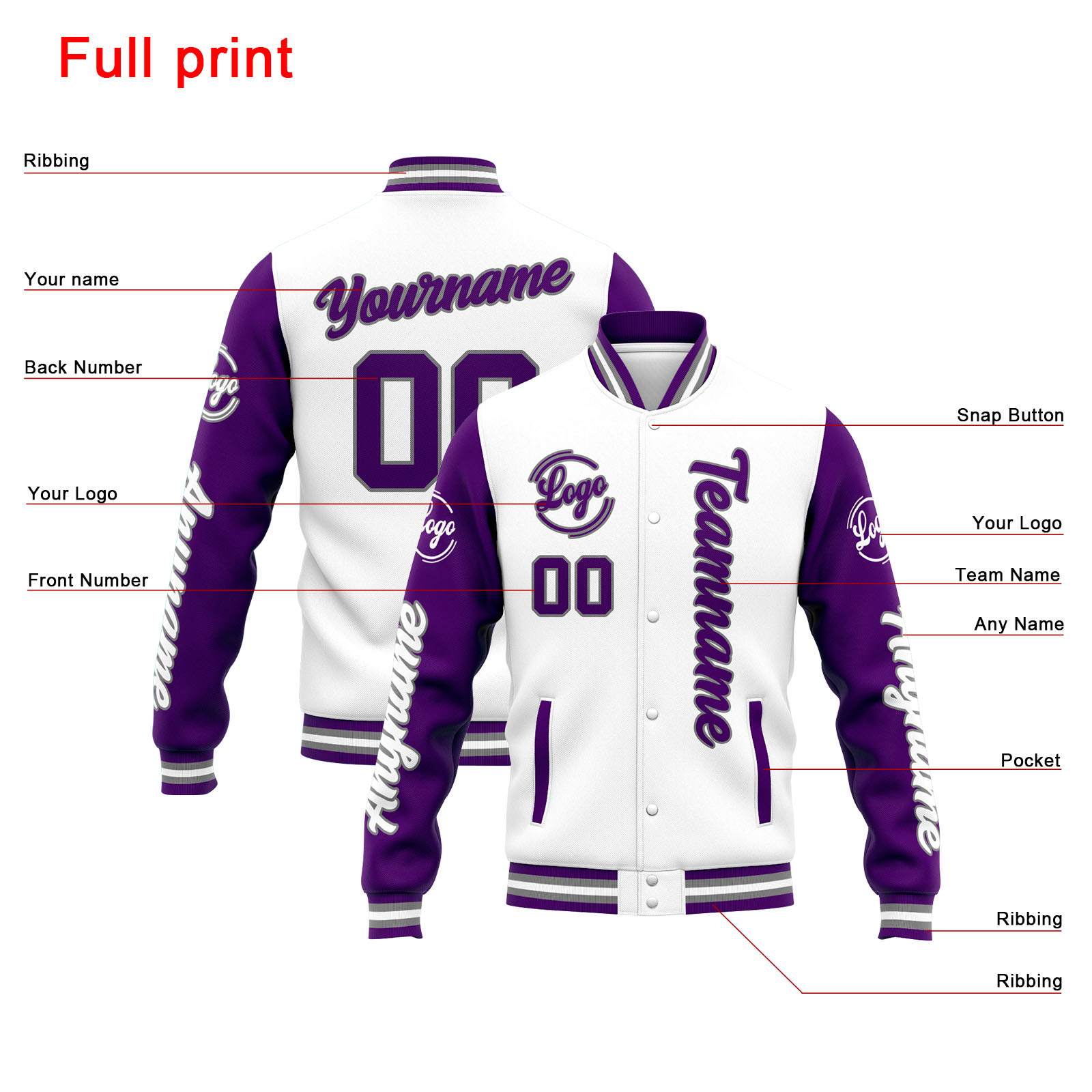Custom White Purple Varsity Jacket for Men Women and Youth with Personalized Letterman Jacket 