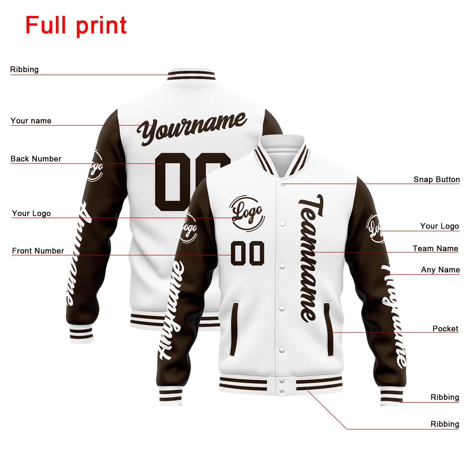 Custom White Brown Varsity Jacket for Men Women and Youth with Personalized Letterman Jacket 