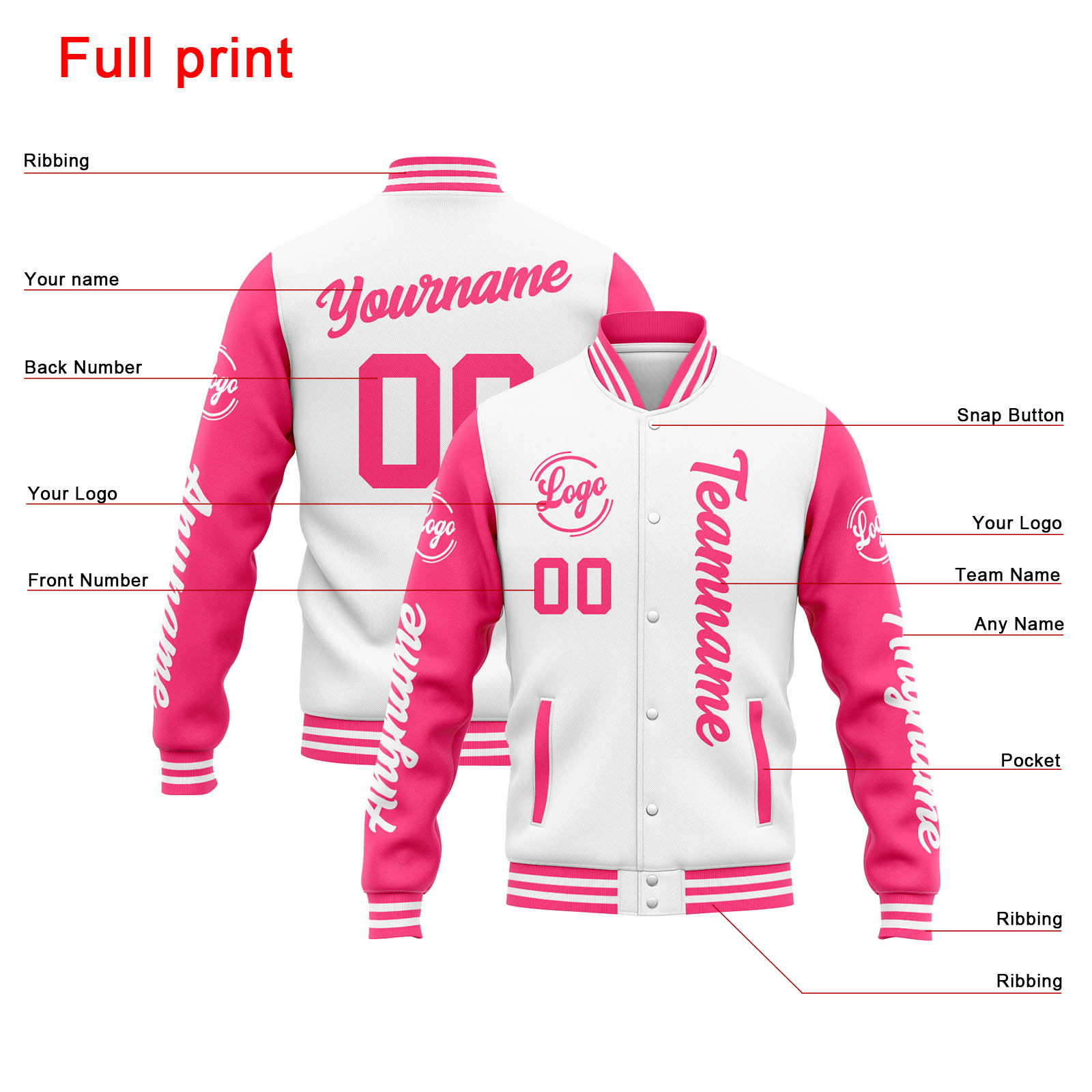Custom White Pink Varsity Jacket for Men Women and Youth with Personalized Letterman Jacket 
