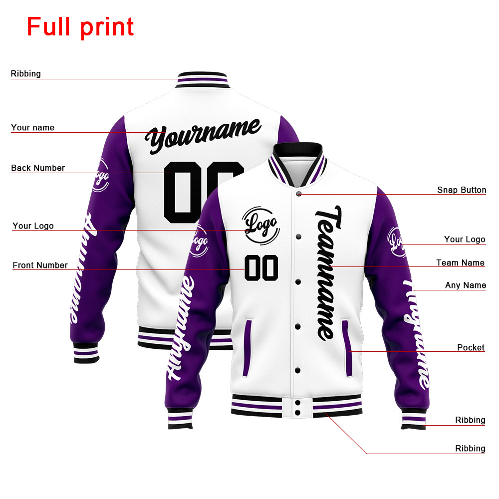 Custom Purple White Varsity Jacket for Men Women and Youth with Personalized Letterman Jacket 