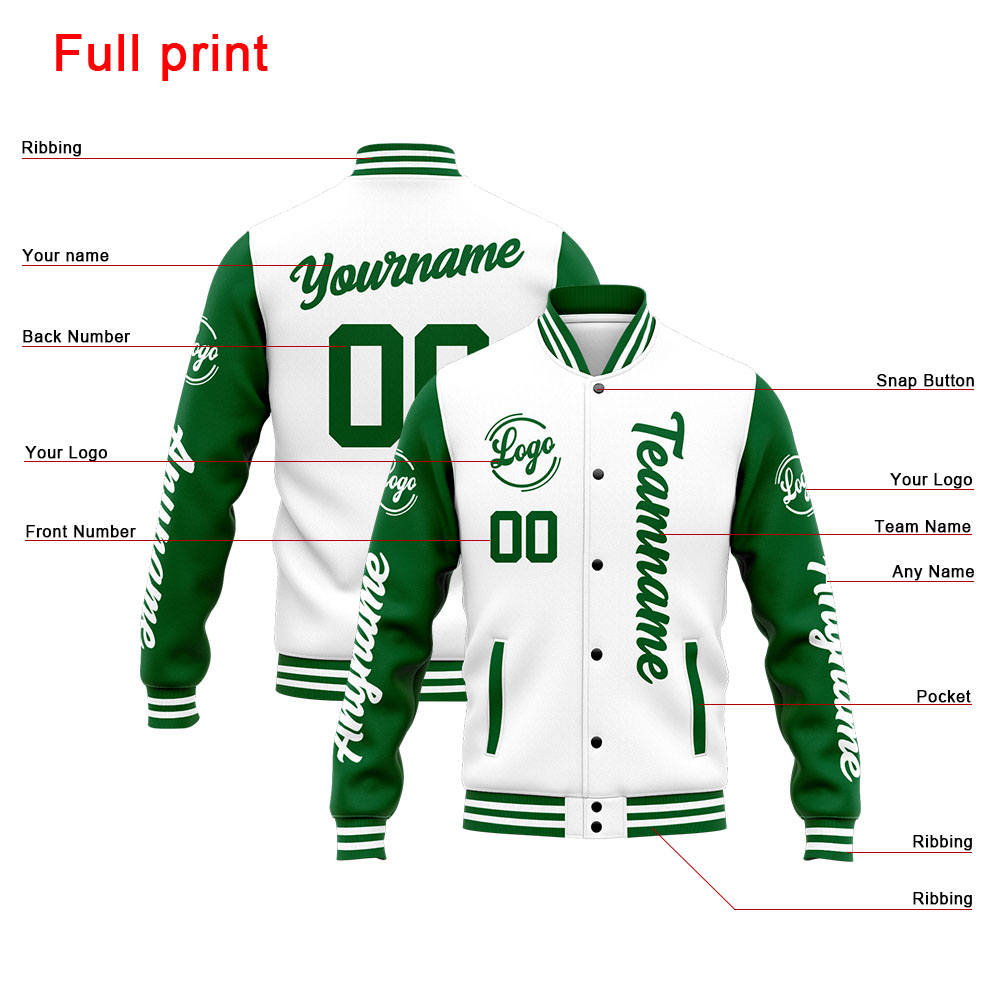 Custom Green White Varsity Jacket for Men Women and Youth with Personalized Letterman Jacket 