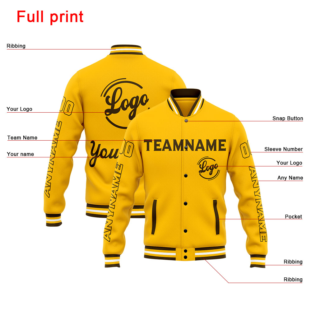 Custom Brown Yellow Varsity Jacket for Men Women and Youth with Personalized Letterman Jacket 