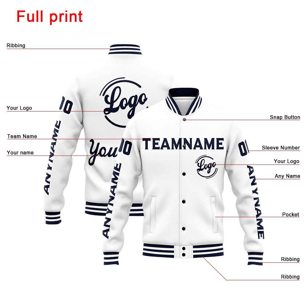 Custom Navy White Varsity Jacket for Men Women and Youth with Personalized Letterman Jacket 