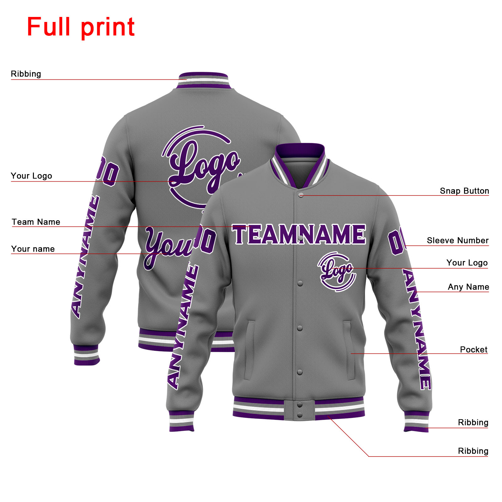 Custom Grey Purple Varsity Jacket for Men Women and Youth with Personalized Letterman Jacket 