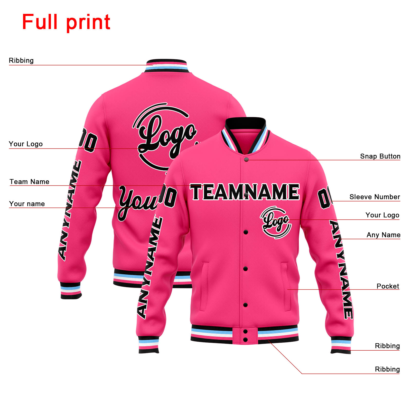 Custom Pink Black Varsity Jacket for Men Women and Youth with Personalized Letterman Jacket 