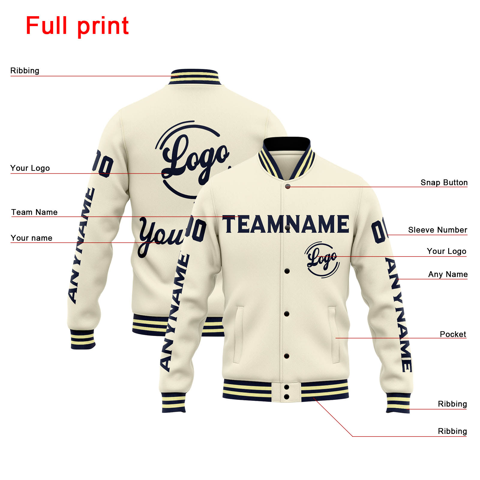 Custom Cream Navy Varsity Jacket for Men Women and Youth with Personalized Letterman Jacket 
