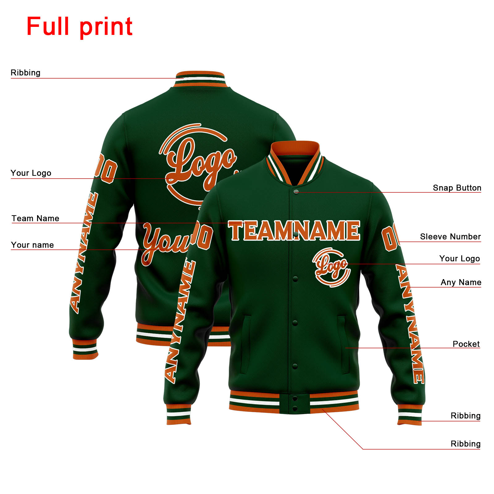 Custom Drak Green Orange Varsity Jacket for Men Women and Youth with Personalized Letterman Jacket 